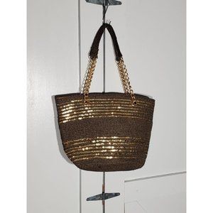 NEW DIRECTIONS BROWN/GOLD  TOTE BAG  *BAG MEASUREMENTS WIDTH 6" LENGTH 15" HEIGH